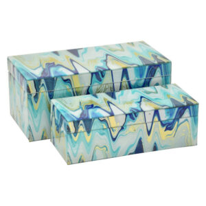 Jenny Small Decorative Box Set of 2, Abstract Marbled Teal Blue Glass