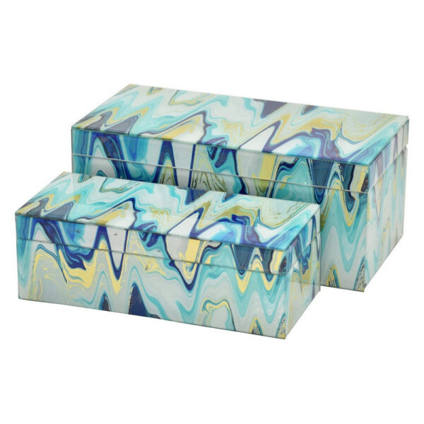 Jenny Small Decorative Box Set of 2, Abstract Marbled Teal Blue Glass