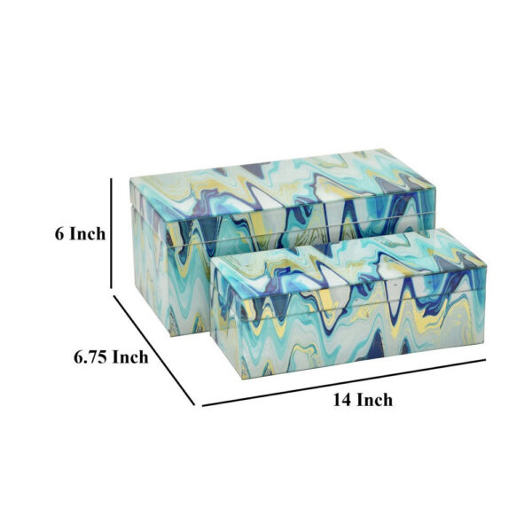 Jenny Small Decorative Box Set of 2, Abstract Marbled Teal Blue Glass