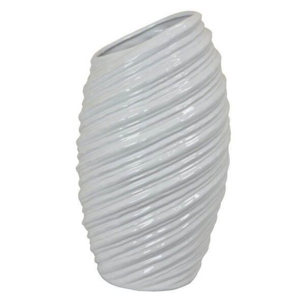 Avery Tall Modern Vase, Angled Spiral Design, White Ceramic 17 Inch