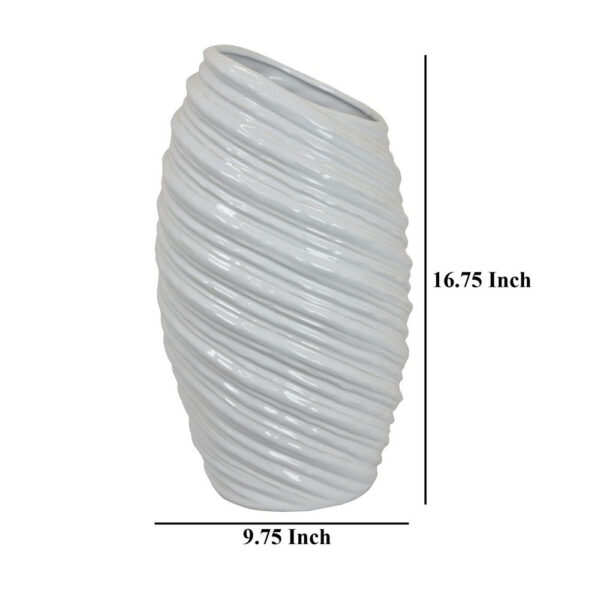 Avery Tall Modern Vase, Angled Spiral Design, White Ceramic 17 Inch