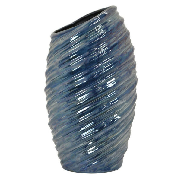 Avery Tall Modern Vase with Angled Spiral Design, Blue Ceramic 17 Inch