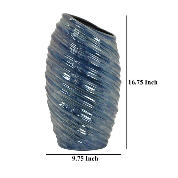 Avery Tall Modern Vase with Angled Spiral Design, Blue Ceramic 17 Inch