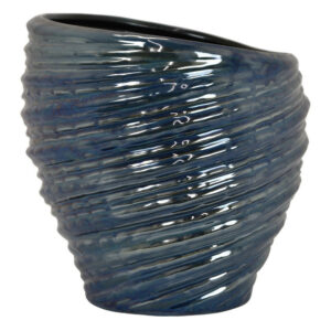 Avery Round Modern Vase, Spiral Turned Design, Blue Ceramic 17 Inch