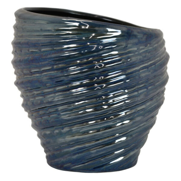 Avery Round Modern Vase, Spiral Turned Design, Blue Ceramic 17 Inch