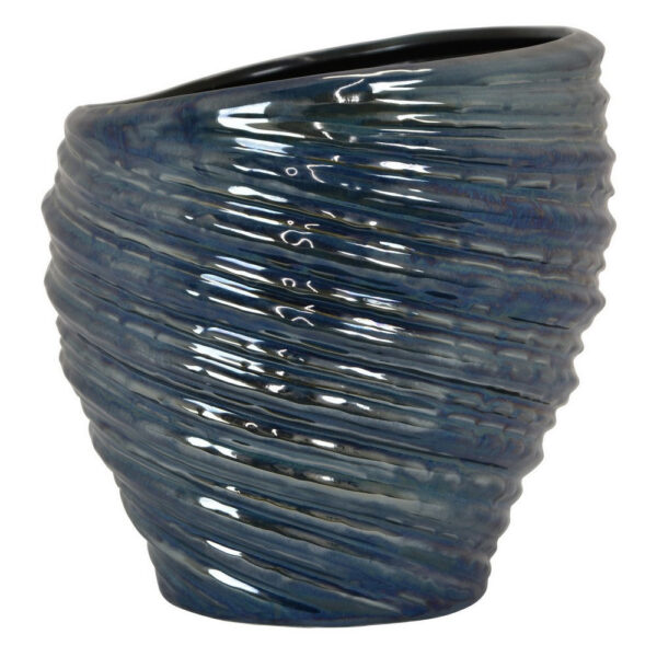 Avery Round Modern Vase, Spiral Turned Design, Blue Ceramic 17 Inch