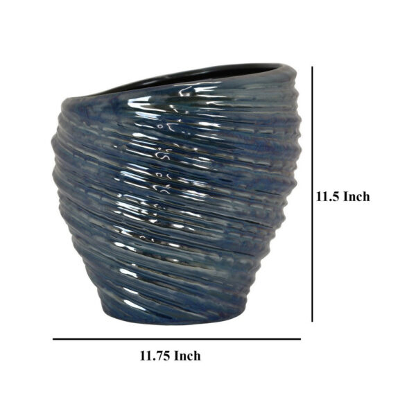 Avery Round Modern Vase, Spiral Turned Design, Blue Ceramic 17 Inch