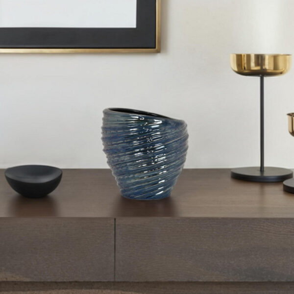 Avery Round Modern Vase, Spiral Turned Design, Blue Ceramic 17 Inch