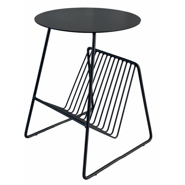 Zeo Side End Table w Magazine Rack, 14 Inch Round Top, Black Metal