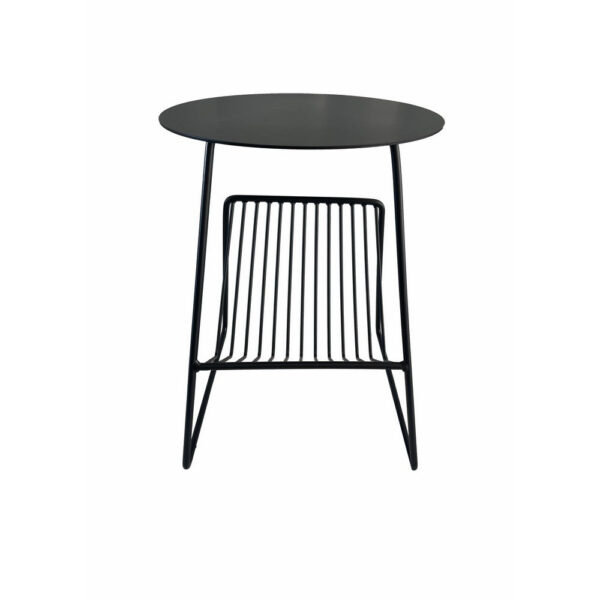 Zeo Side End Table w Magazine Rack, 14 Inch Round Top, Black Metal