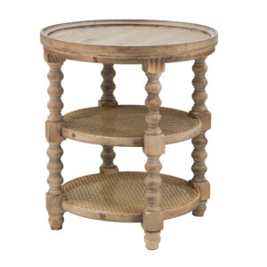 Jake 25 Inch 3 Tier Side Table, Fir Wood, 2 Woven Wicker Shelves, Brown