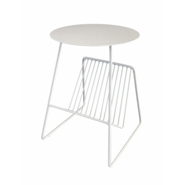 Zeo Side End Table w Magazine Rack, 14 Inch Round Top, White Metal