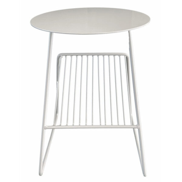 Zeo Side End Table w Magazine Rack, 14 Inch Round Top, White Metal