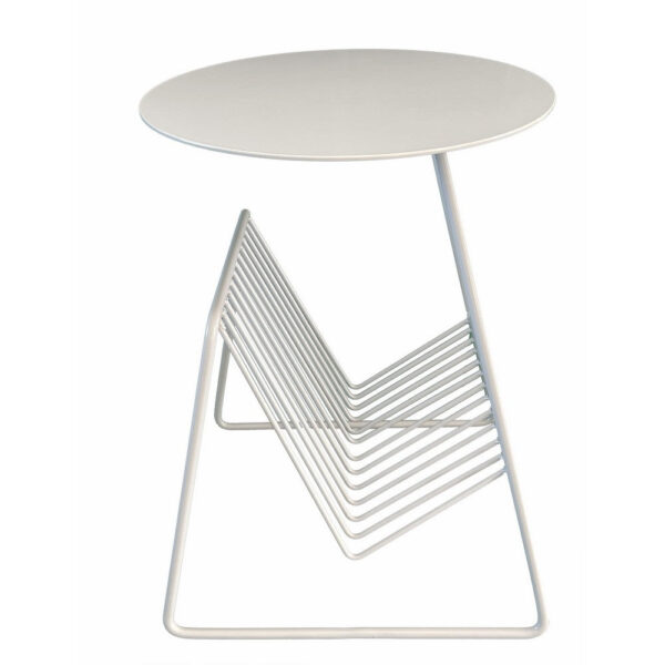 Zeo Side End Table w Magazine Rack, 14 Inch Round Top, White Metal