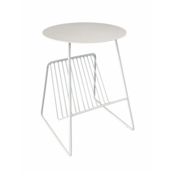 Zeo Side End Table w Magazine Rack, 14 Inch Round Top, White Metal