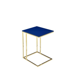 Zen Side End Table, C Shape Gold Base, Navy Blue Lacquer Top