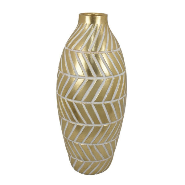Accent Vase, Gold Resin Urn Shape, Lined Pattern in White, 28 Inch