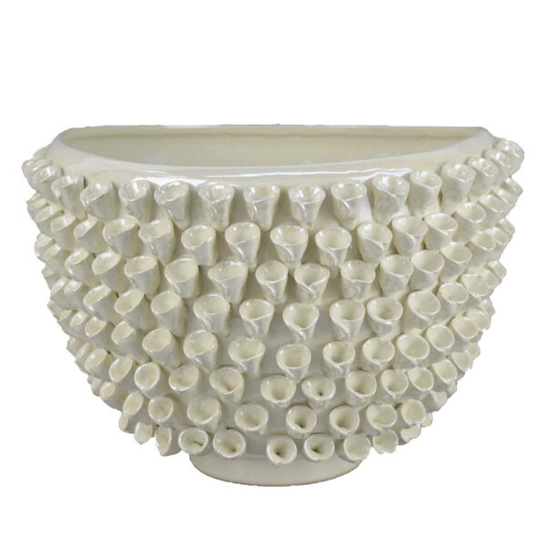 Modern Decorative Bowl, 3D Texture Embellished White Ceramic, 14 Inch
