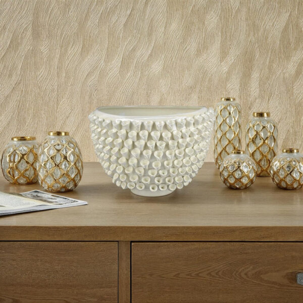 Modern Decorative Bowl, 3D Texture Embellished White Ceramic, 14 Inch