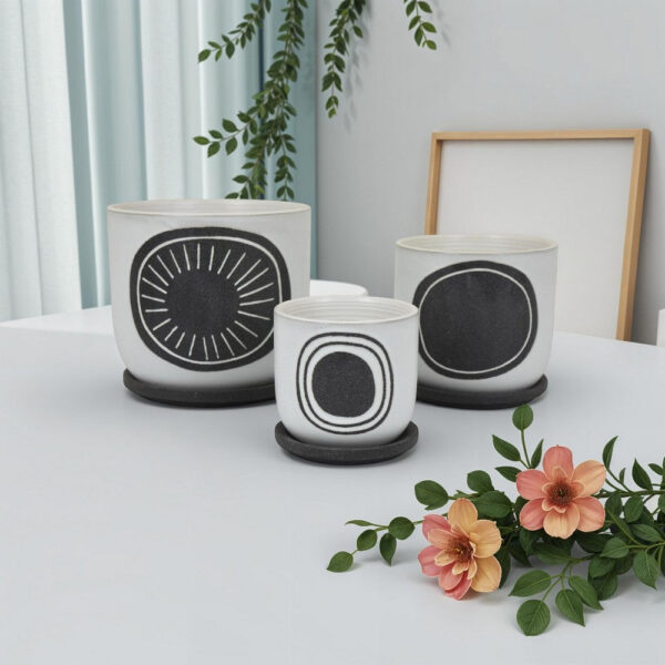 Meon 3pc Garden Planter Set, Textured White and Black Ceramic Design