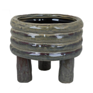 Garden Planter, Decorative Turned Style Glossy Gray Ceramic, 10 Inch