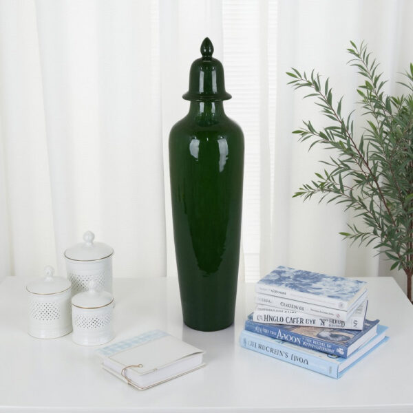 Jesi Accent Temple Jar with Lid, Decorative Green Ceramic, 29 Inch