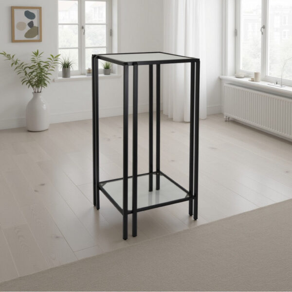 Buckley Plant Stand Table, Black Metal, Square Mirrored Top, 28 Inch