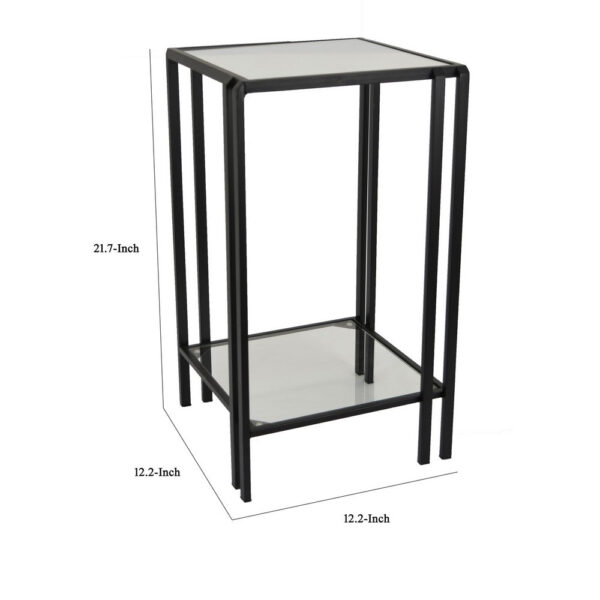 Buckley Plant Stand Table, Black Metal, Square Mirrored Top, 22 Inch