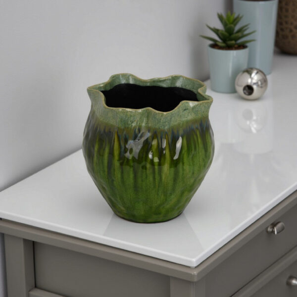 Balie Accent Vase, Green Ceramic Irregular Top Edge, Modern 10 Inch