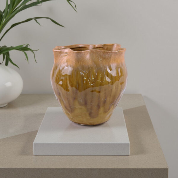 Balie Accent Vase, Brown Ceramic, Irregular Top Edge, Modern 10 Inch