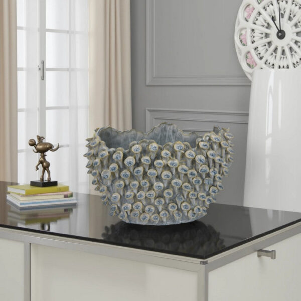 Nina Decorative Bowl, Light Blue, Coral Textured Gray Ceramic, 14 Inch