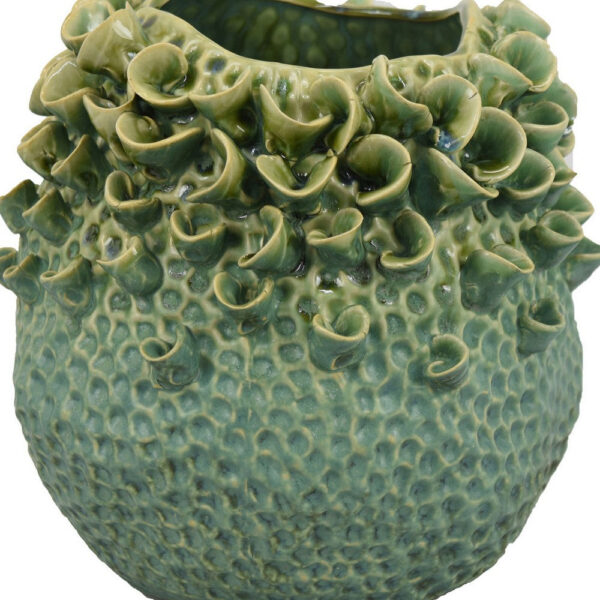 Nina Vase, Green Ceramic, Textured Accents, Abstract Floral 11 Inch