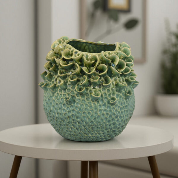 Nina Vase, Green Ceramic, Textured Accents, Abstract Floral 11 Inch