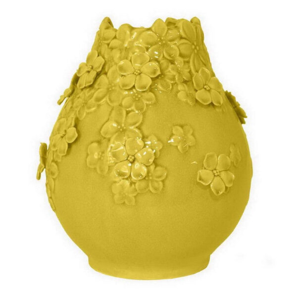 Remi Flower Vase, Decorative Yellow Ceramic w Floral Motifs, 11 Inch