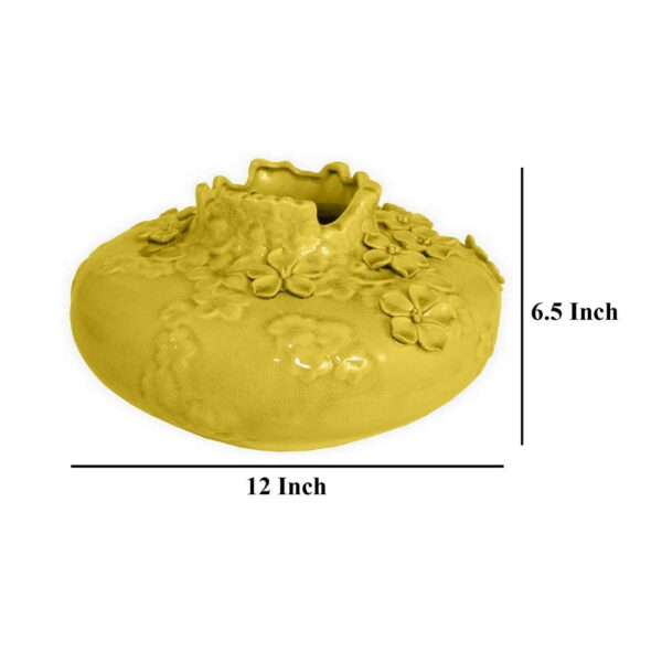 Remi Flower Vase, Decorative Yellow Ceramic w Floral Motifs, 12 Inch