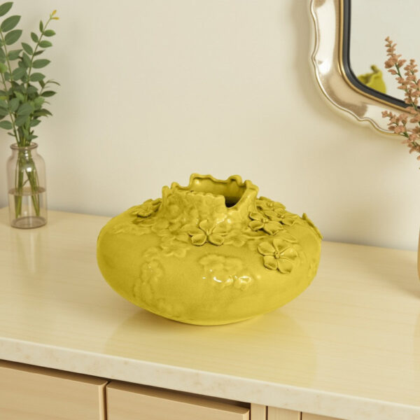 Remi Flower Vase, Decorative Yellow Ceramic w Floral Motifs, 12 Inch