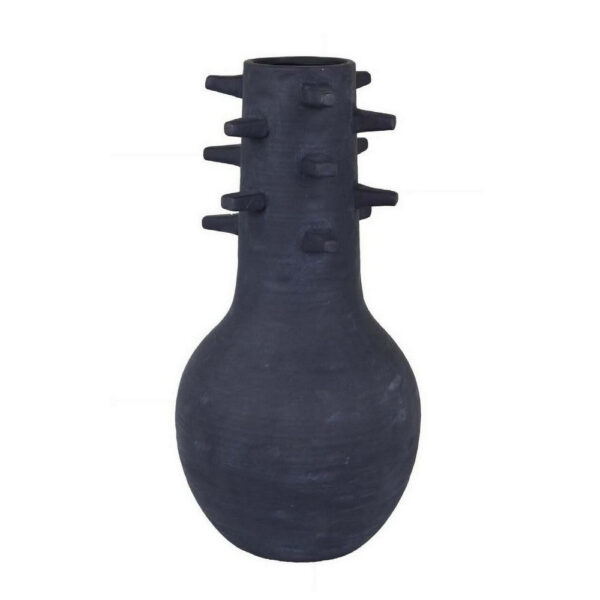 Enya Flower Vase, 3D Spiked Accent Narrow Neck, Black Ceramic, 18 Inch