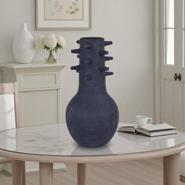 Enya Flower Vase, 3D Spiked Accent Narrow Neck, Black Ceramic, 18 Inch