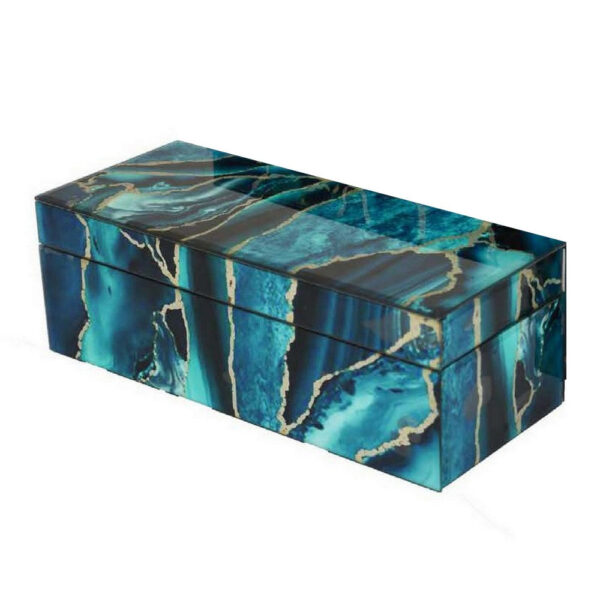 Dory Decorative Box Set of 2, Deep Blue Black Faux Marble Accent Glass