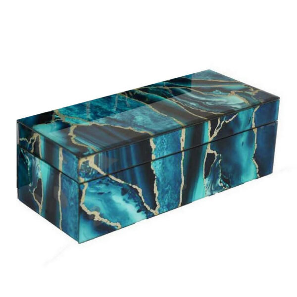 Dory Decorative Box Set of 2, Deep Blue Black Faux Marble Accent Glass
