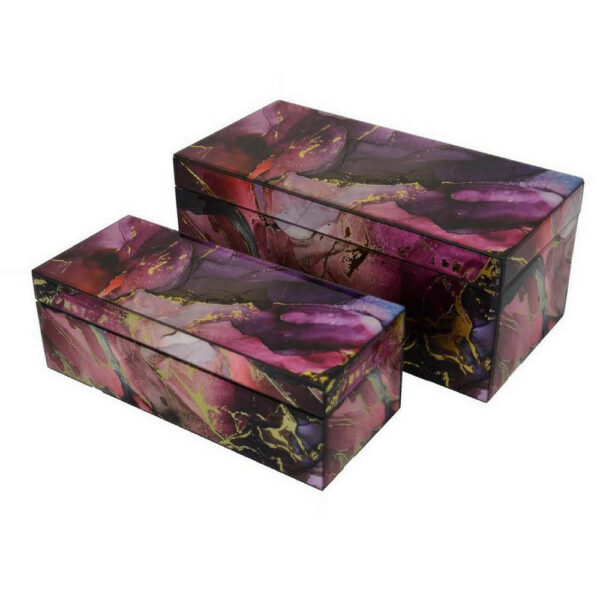 Dory Decorative Box Set of 2, Pink Gold Faux Agate Stone Accent Glass