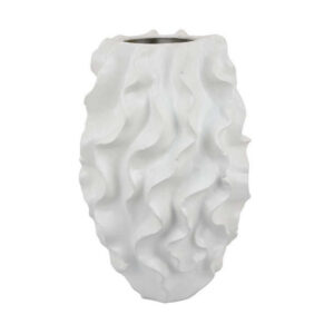 Decorative Vase, White Ceramic, Textured 19 Inch Curved Wave Design