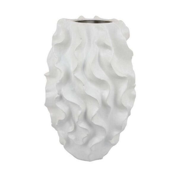 Decorative Vase, White Ceramic, Textured 19 Inch Curved Wave Design