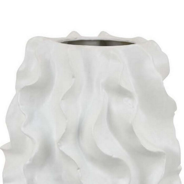 Decorative Vase, White Ceramic, Textured 19 Inch Curved Wave Design