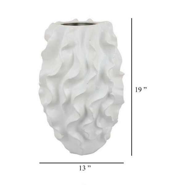 Decorative Vase, White Ceramic, Textured 19 Inch Curved Wave Design