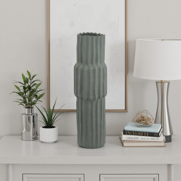 Decorative Accent Vase, Sleek Cactus Design, 24 Inch Green Ceramic