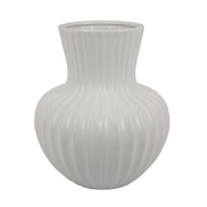 Decorative Vase, 14 Inch White Ceramic Body, Vertical Ribbed Pattern