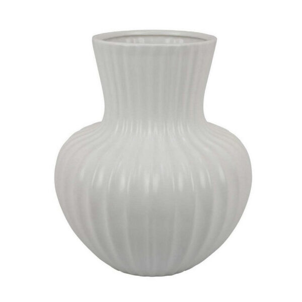 Decorative Vase, 14 Inch White Ceramic Body, Vertical Ribbed Pattern