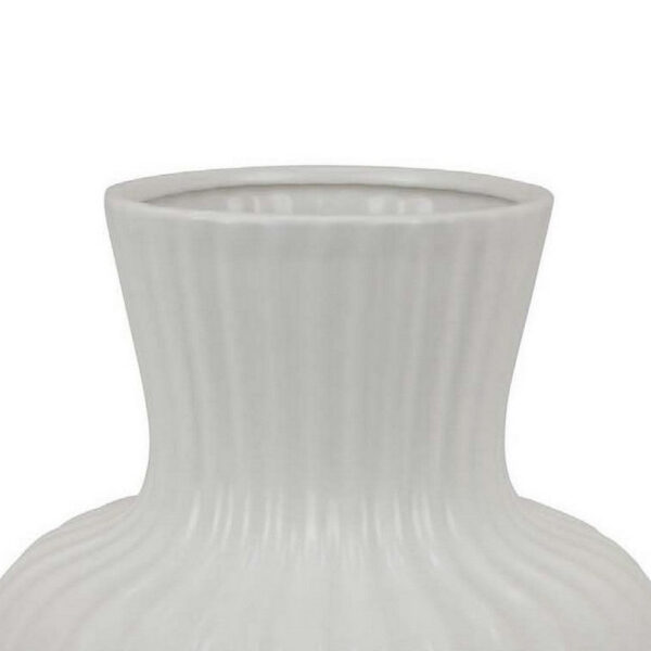 Decorative Vase, 14 Inch White Ceramic Body, Vertical Ribbed Pattern