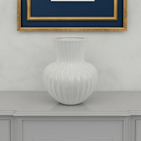Decorative Vase, 14 Inch White Ceramic Body, Vertical Ribbed Pattern